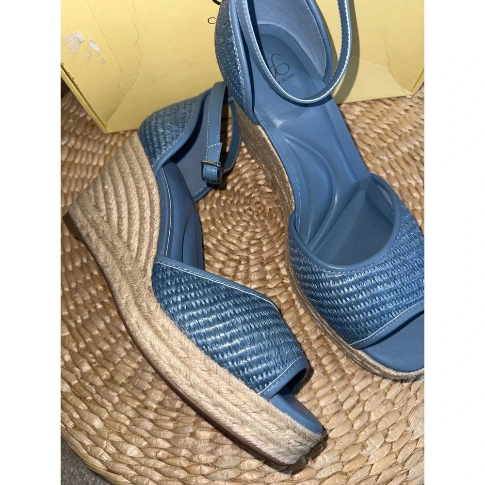 COSY ISLAND Blue‎ Raffia Wedge Sandals Round Toe Espadrille Platform Ankle Strap